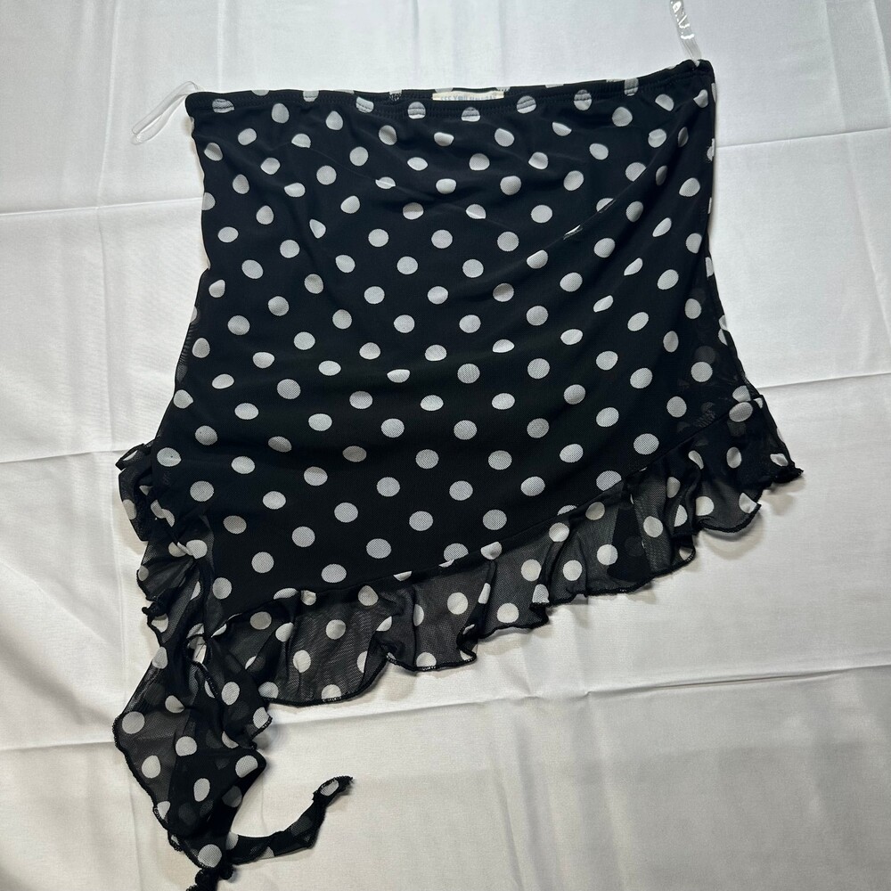 SEE YOU MONDAY Black White Polka Dot Mesh Strapless Ruffle Tube Top L